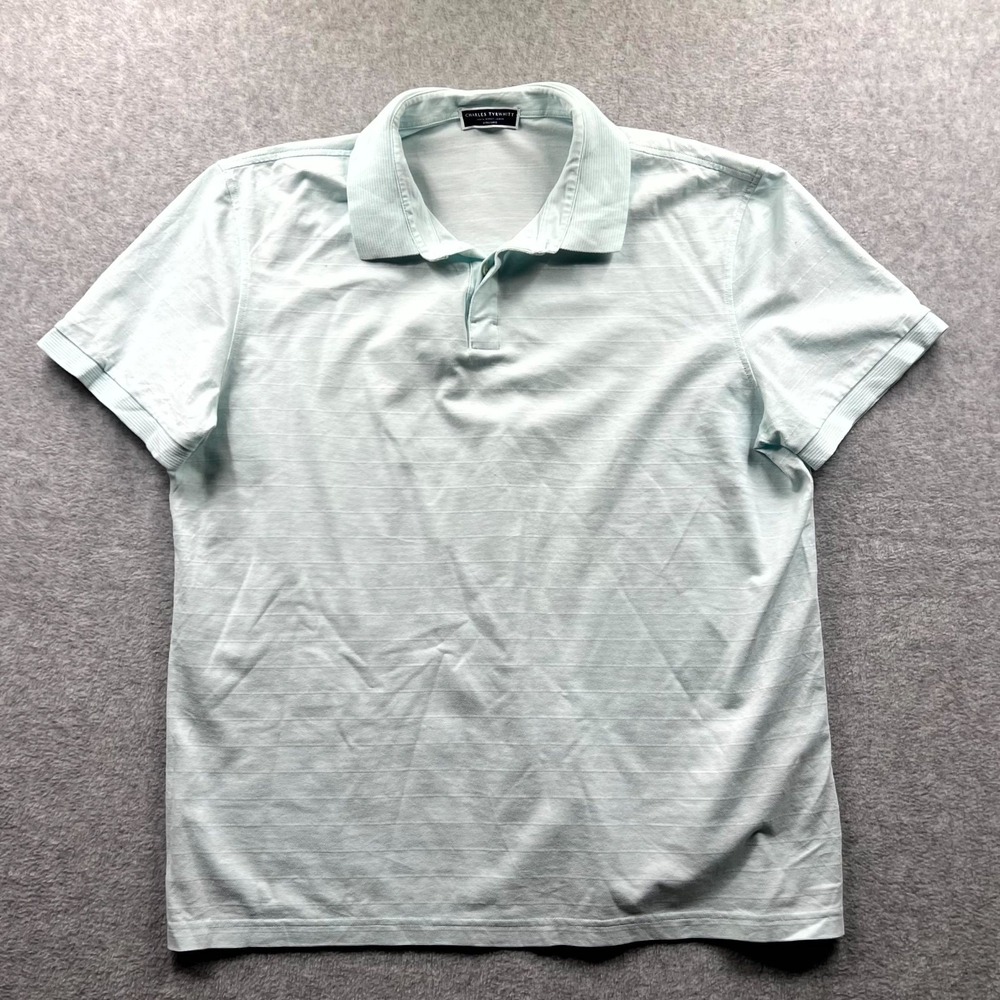 Charles Tyrwhitt Polo Shirt Men XL Blue Cotton Textured Performance Short Sleeve